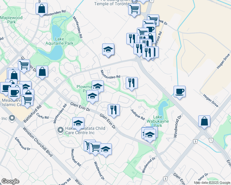 map of restaurants, bars, coffee shops, grocery stores, and more near 6347 Plowmans Heath in Mississauga