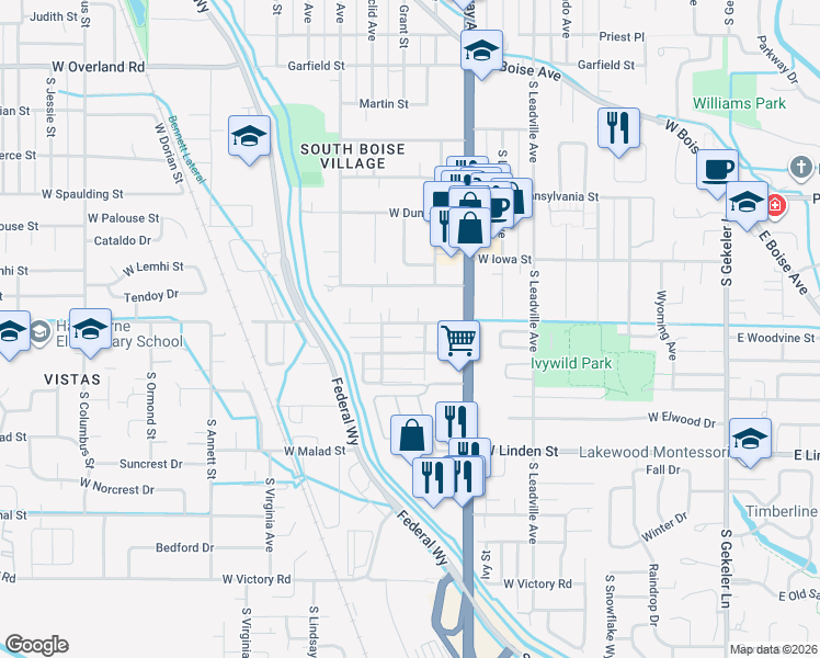 map of restaurants, bars, coffee shops, grocery stores, and more near 1121 West Targee Street in Boise