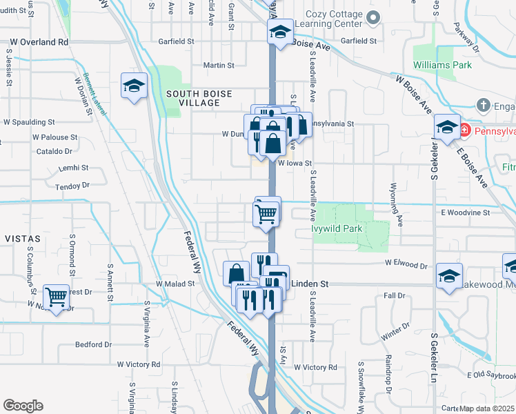 map of restaurants, bars, coffee shops, grocery stores, and more near 1079 West Targee Street in Boise