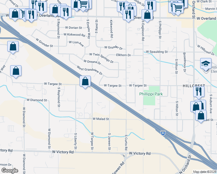 map of restaurants, bars, coffee shops, grocery stores, and more near 5985 West Targee Street in Boise