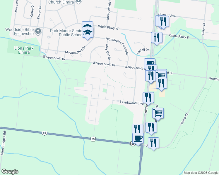 map of restaurants, bars, coffee shops, grocery stores, and more near 29 Bitternut Place in Elmira