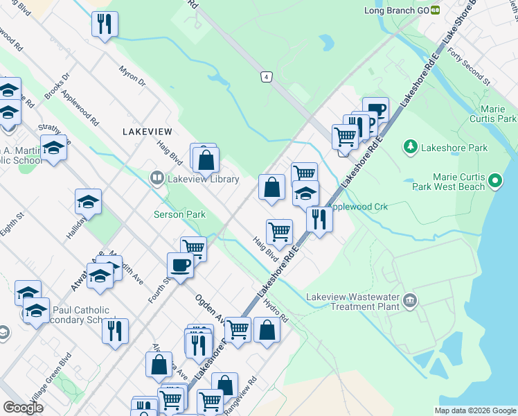 map of restaurants, bars, coffee shops, grocery stores, and more near 1084 Orchard Road in Mississauga