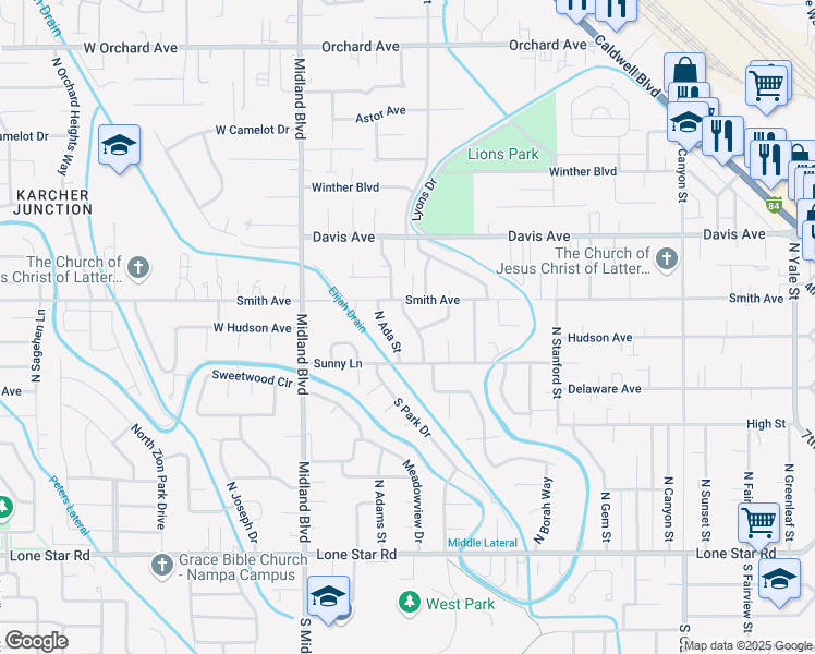 map of restaurants, bars, coffee shops, grocery stores, and more near 89 North Horton Street in Nampa