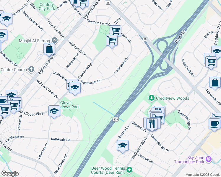 map of restaurants, bars, coffee shops, grocery stores, and more near 4412 Grassland Crescent in Mississauga