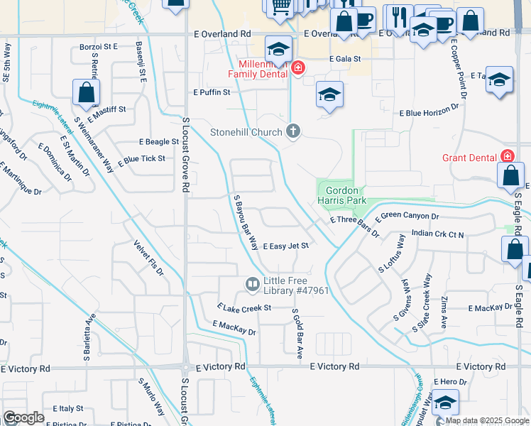 map of restaurants, bars, coffee shops, grocery stores, and more near 1987 East Party Jet Street in Meridian