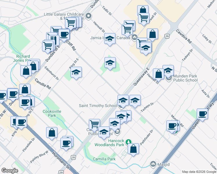 map of restaurants, bars, coffee shops, grocery stores, and more near in Mississauga