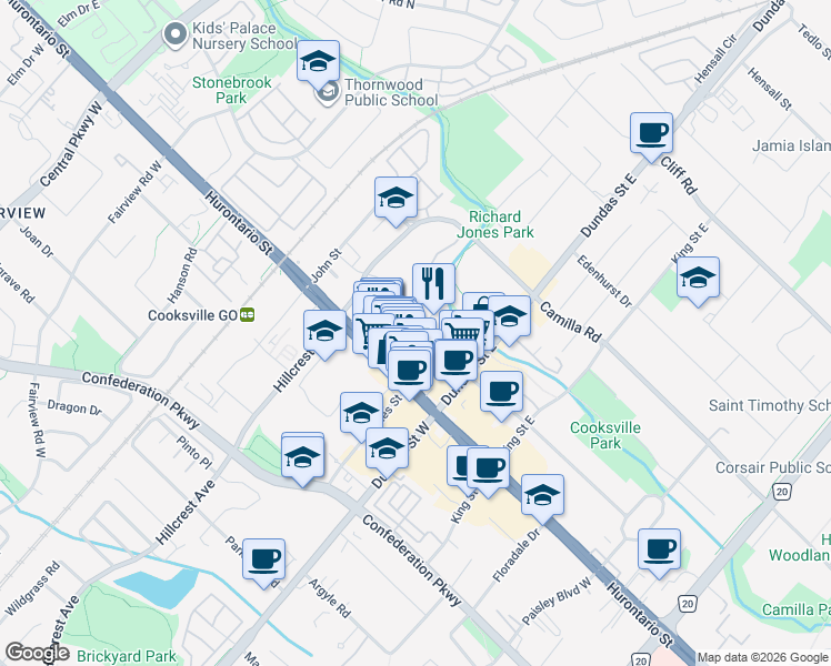 map of restaurants, bars, coffee shops, grocery stores, and more near 3070 Jaguar Valley Drive in Mississauga