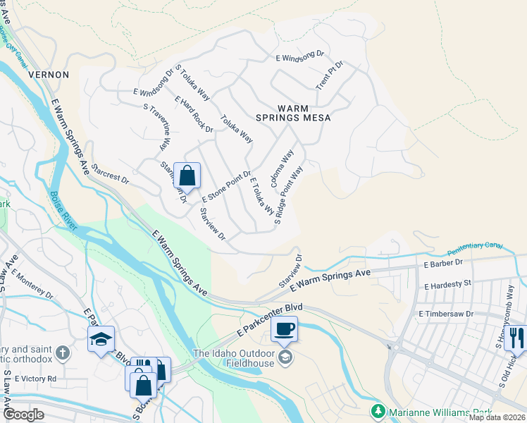 map of restaurants, bars, coffee shops, grocery stores, and more near 2263 Toluka Way in Boise
