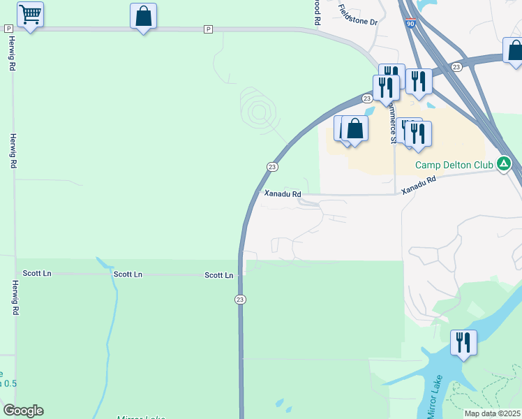 map of restaurants, bars, coffee shops, grocery stores, and more near 874 Xanadu Road in Wisconsin Dells