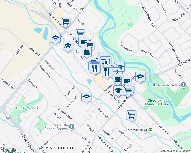 map of restaurants, bars, coffee shops, grocery stores, and more near 128 Queen Street South in Mississauga