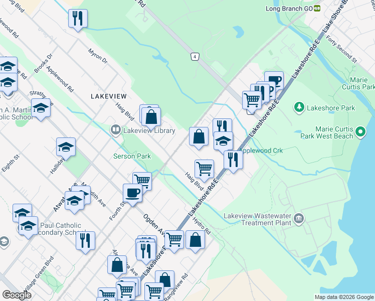 map of restaurants, bars, coffee shops, grocery stores, and more near 1084 Orchard Road in Mississauga