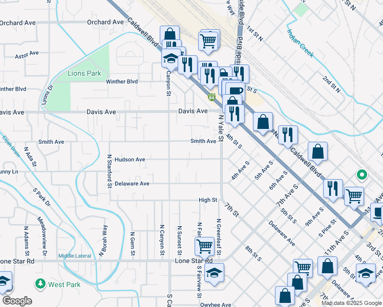 map of restaurants, bars, coffee shops, grocery stores, and more near 122 Hudson Avenue in Nampa