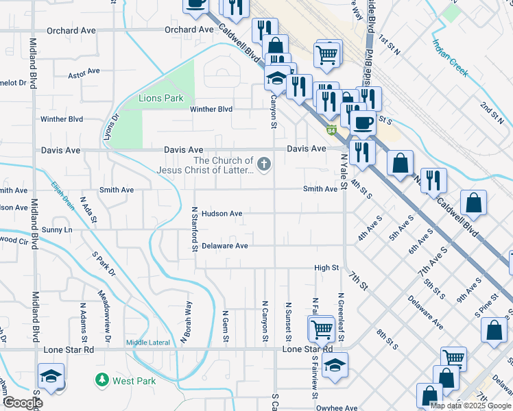 map of restaurants, bars, coffee shops, grocery stores, and more near 87 North Canyon Street in Nampa