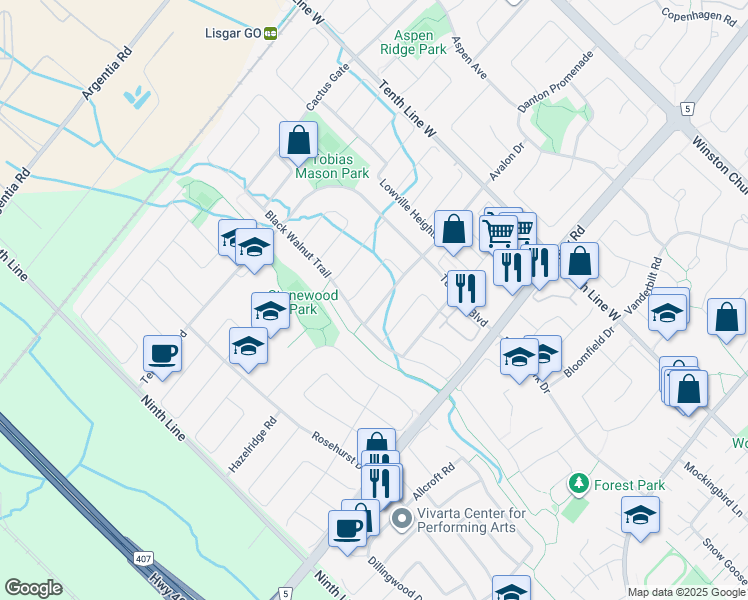 map of restaurants, bars, coffee shops, grocery stores, and more near 3380 Scotch Pine Gate in Mississauga