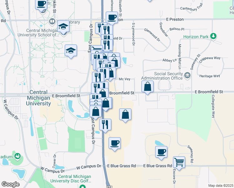 map of restaurants, bars, coffee shops, grocery stores, and more near 1908 South Johnson Street in Mount Pleasant