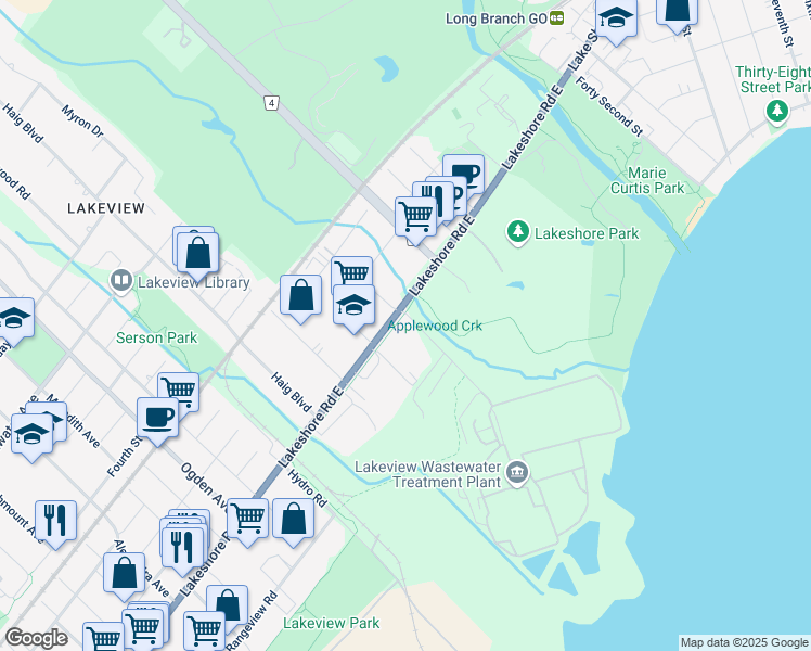 map of restaurants, bars, coffee shops, grocery stores, and more near 1300 Lakeshore Road East in Mississauga