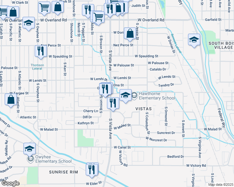 map of restaurants, bars, coffee shops, grocery stores, and more near 2504 West Targee Street in Boise