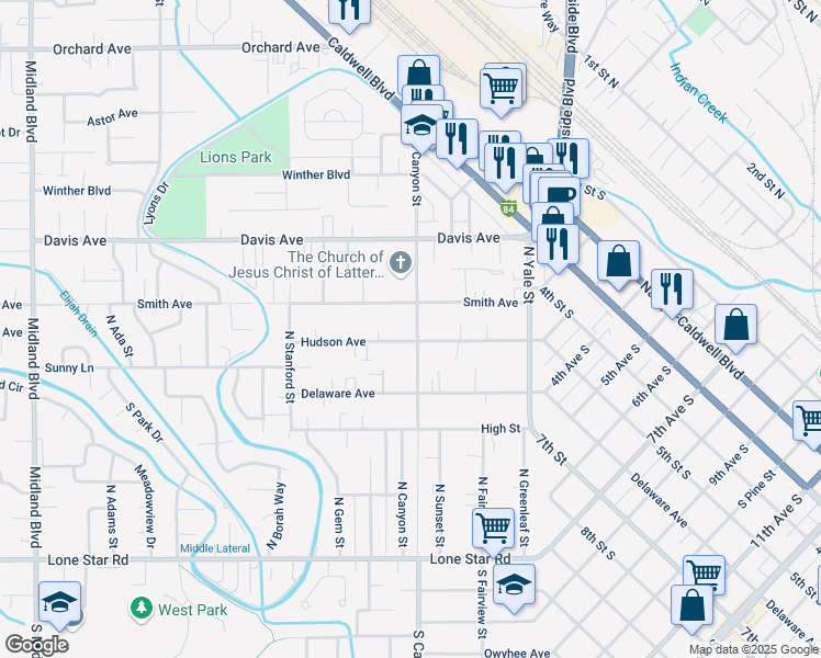 map of restaurants, bars, coffee shops, grocery stores, and more near 87 North Canyon Street in Nampa