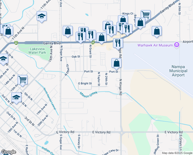 map of restaurants, bars, coffee shops, grocery stores, and more near 90 North Taylor Street in Nampa