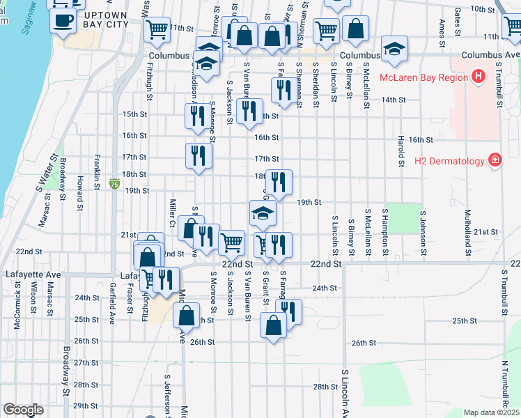 map of restaurants, bars, coffee shops, grocery stores, and more near 806 South Grant Street in Bay City