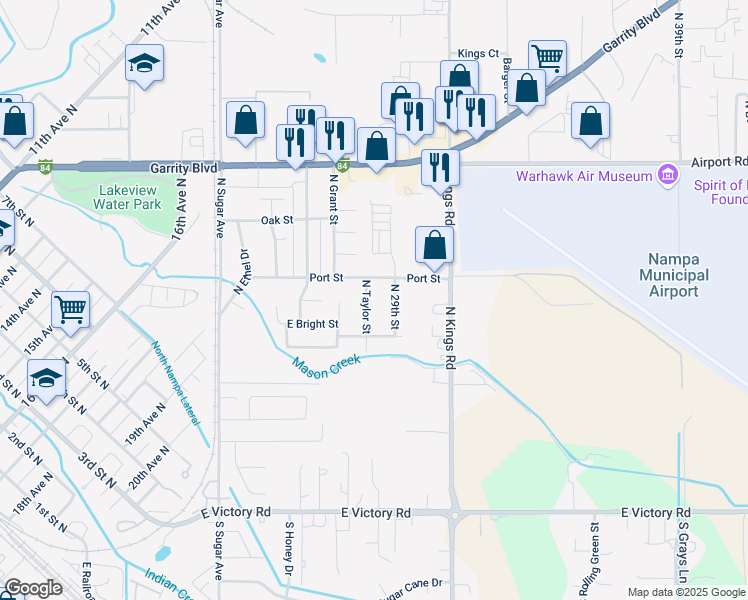 map of restaurants, bars, coffee shops, grocery stores, and more near 90 North Taylor Street in Nampa