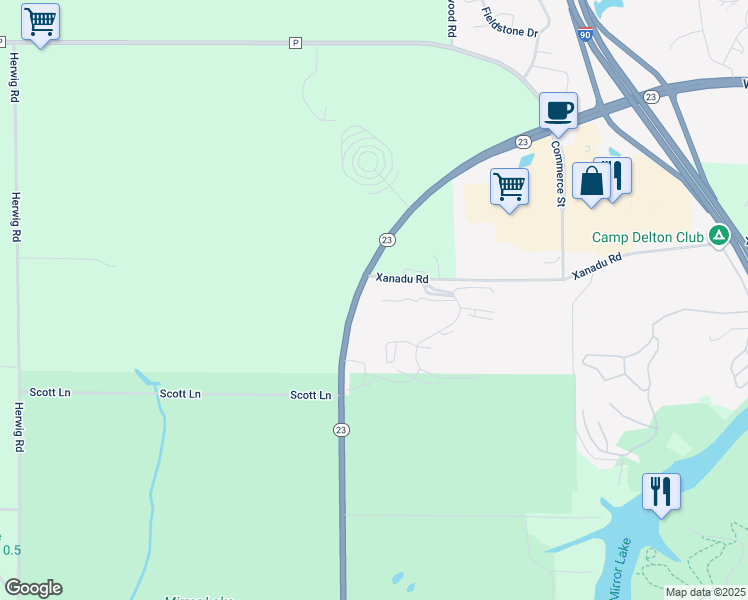 map of restaurants, bars, coffee shops, grocery stores, and more near 874 Xanadu Road in Wisconsin Dells
