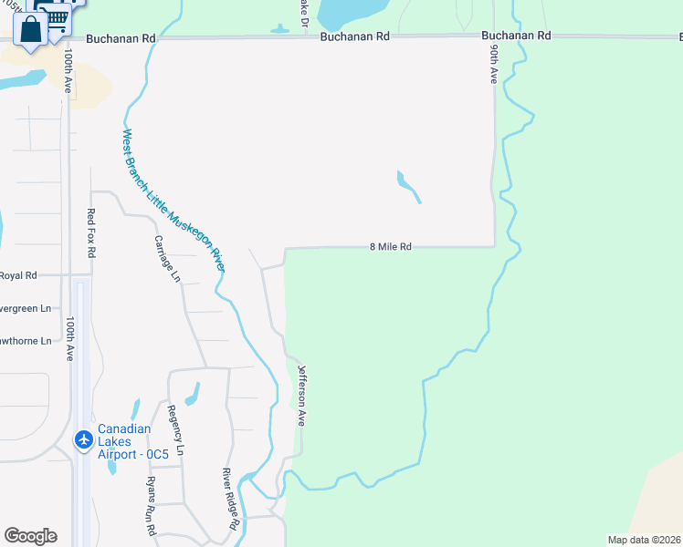 map of restaurants, bars, coffee shops, grocery stores, and more near 9433 8 Mile Road in Mecosta