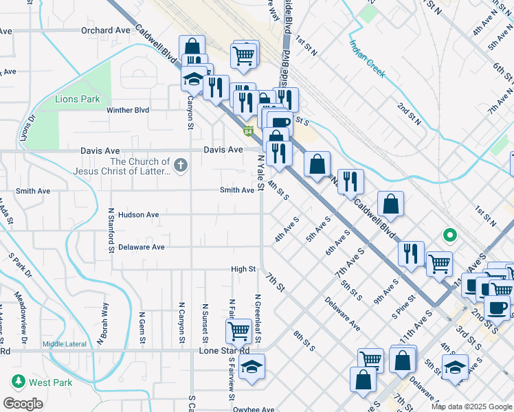 map of restaurants, bars, coffee shops, grocery stores, and more near 91 North Yale Street in Nampa