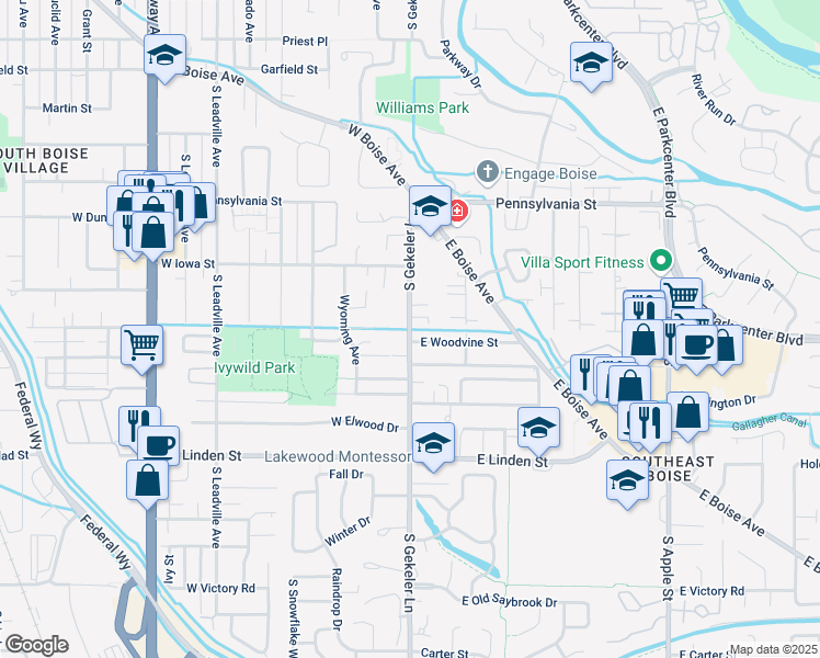map of restaurants, bars, coffee shops, grocery stores, and more near 2288 S Gekeler Ln in Boise