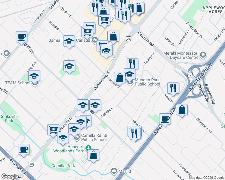 map of restaurants, bars, coffee shops, grocery stores, and more near 450 Abington Avenue in Mississauga