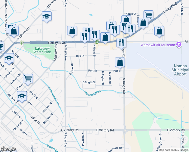 map of restaurants, bars, coffee shops, grocery stores, and more near 91 Central Grant Avenue in Nampa
