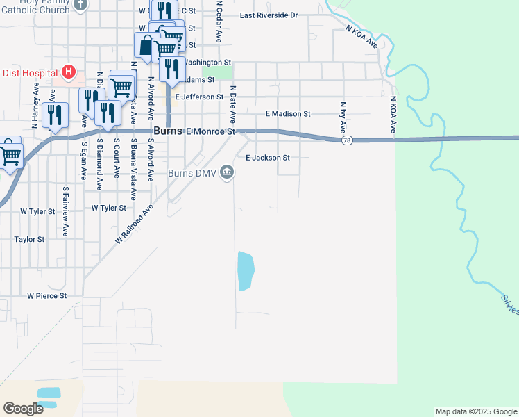 map of restaurants, bars, coffee shops, grocery stores, and more near 344 South Fir Avenue in Burns
