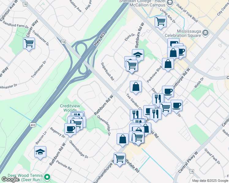 map of restaurants, bars, coffee shops, grocery stores, and more near Mavis Rd & Rathburn Rd W in Mississauga