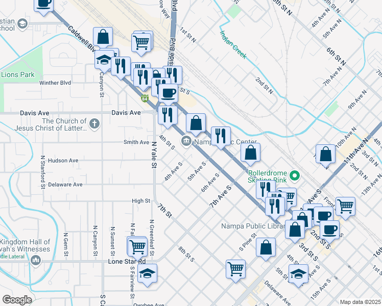 map of restaurants, bars, coffee shops, grocery stores, and more near 411 3rd Street South in Nampa