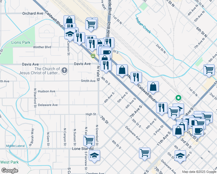 map of restaurants, bars, coffee shops, grocery stores, and more near 416 3rd Avenue South in Nampa