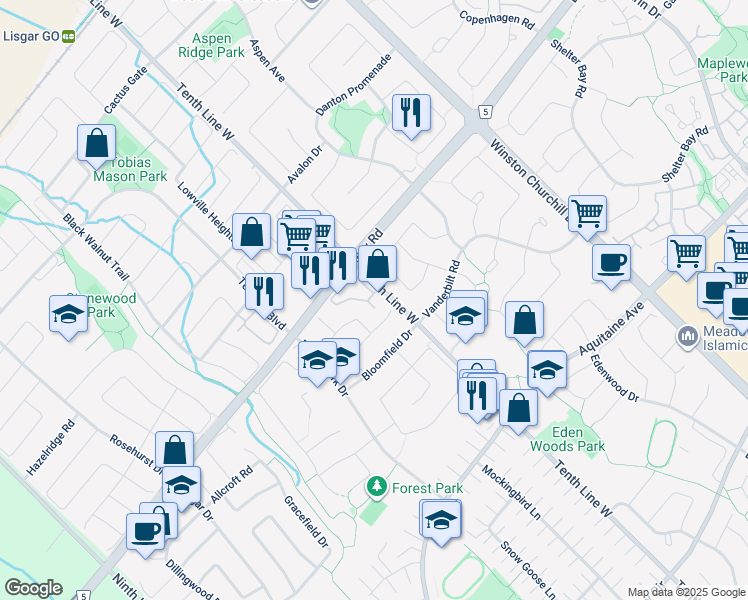 map of restaurants, bars, coffee shops, grocery stores, and more near in Mississauga
