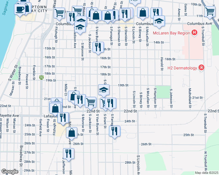 map of restaurants, bars, coffee shops, grocery stores, and more near 801 South Farragut Street in Bay City