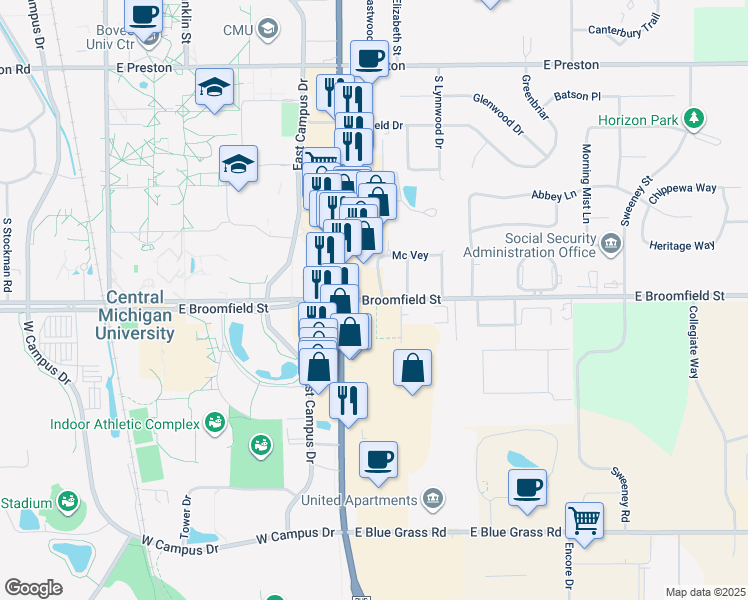 map of restaurants, bars, coffee shops, grocery stores, and more near 912-926 E Broomfield St in Mt Pleasant