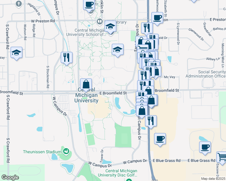 map of restaurants, bars, coffee shops, grocery stores, and more near 471-495 East Broomfield Street in Mount Pleasant