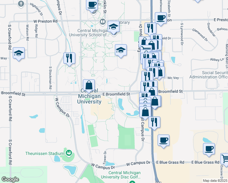 map of restaurants, bars, coffee shops, grocery stores, and more near 471-495 East Broomfield Street in Mount Pleasant