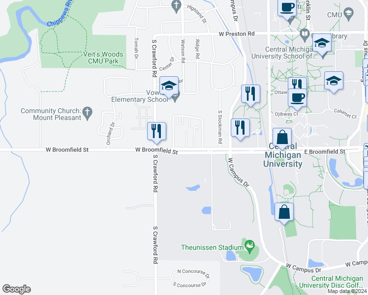 map of restaurants, bars, coffee shops, grocery stores, and more near 722 West Broomfield Street in Mount Pleasant
