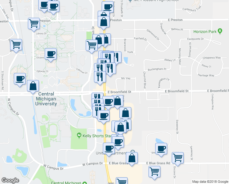 map of restaurants, bars, coffee shops, grocery stores, and more near 912 East Broomfield Street in Mount Pleasant