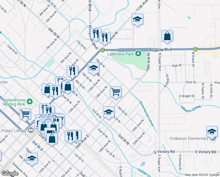 map of restaurants, bars, coffee shops, grocery stores, and more near 1411 6th St N in Nampa