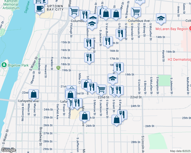 map of restaurants, bars, coffee shops, grocery stores, and more near 1000 19th Street in Bay City