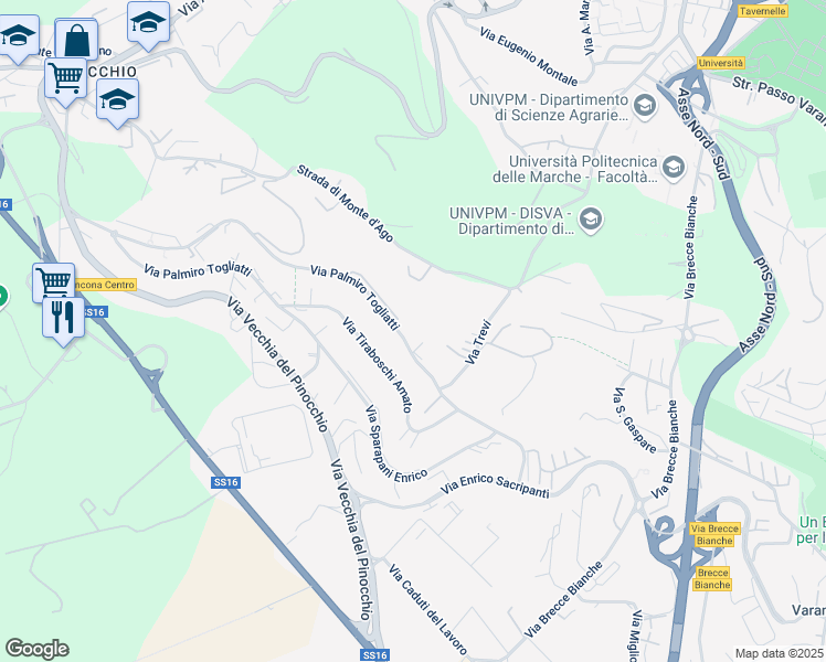 map of restaurants, bars, coffee shops, grocery stores, and more near 56 Via Palmiro Togliatti in Ancona
