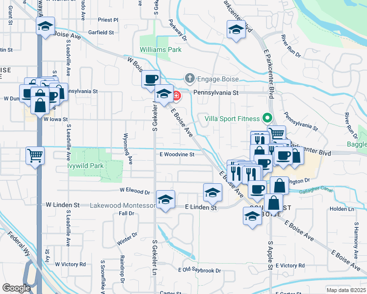 map of restaurants, bars, coffee shops, grocery stores, and more near 2294 South Sumac Street in Boise