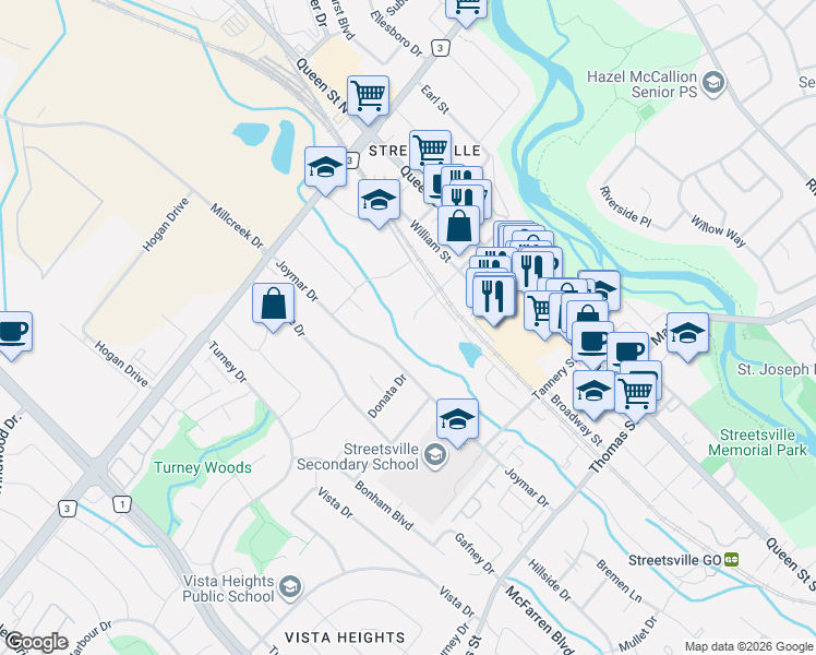 map of restaurants, bars, coffee shops, grocery stores, and more near 45 Ontario Court in Mississauga