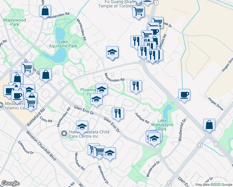 map of restaurants, bars, coffee shops, grocery stores, and more near 6347 Plowmans Heath in Mississauga