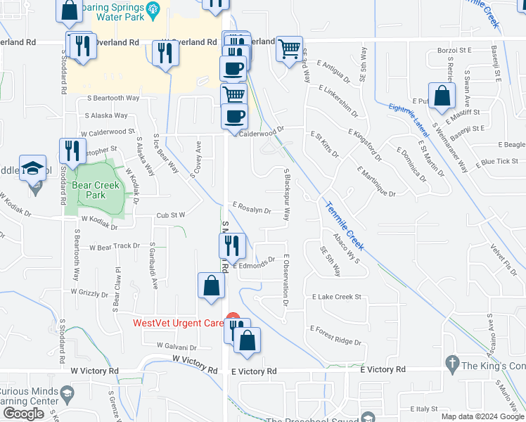 map of restaurants, bars, coffee shops, grocery stores, and more near 217 East Rosalyn Court in Meridian