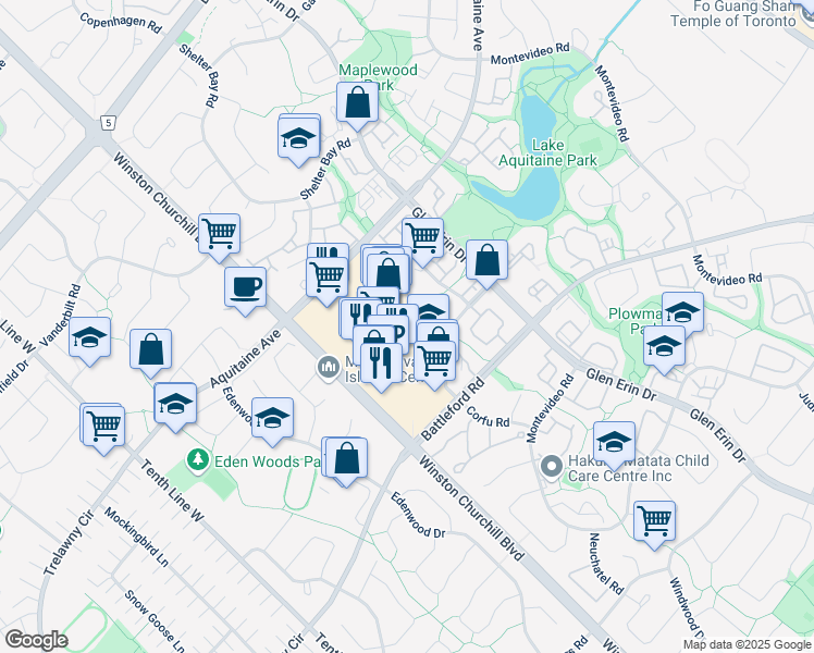 map of restaurants, bars, coffee shops, grocery stores, and more near 6875 Meadowvale Town Centre Circle in Mississauga